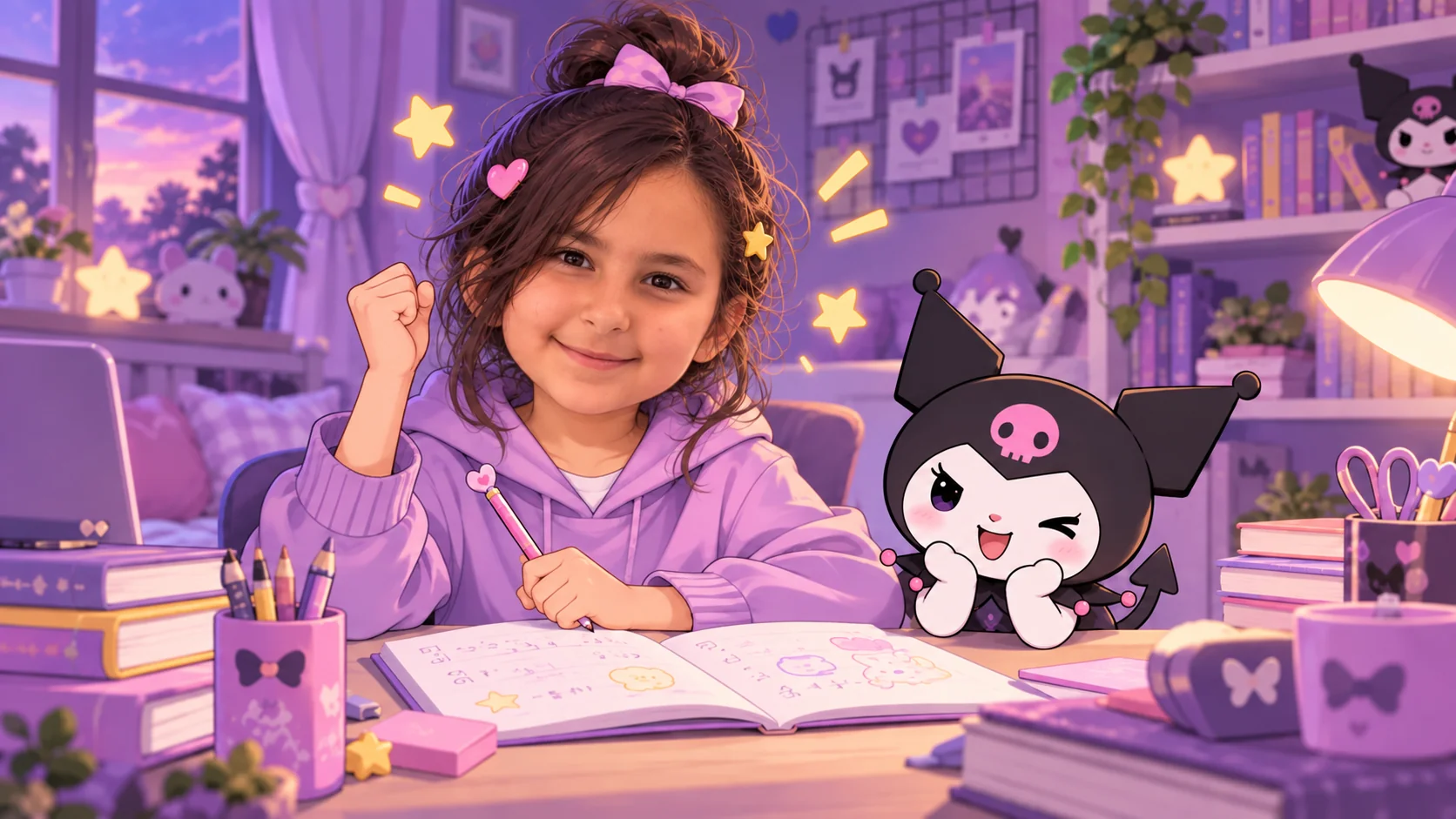 Anime-Illustration: Sultan freut sich mit Kuromi über ihre Aufgabe